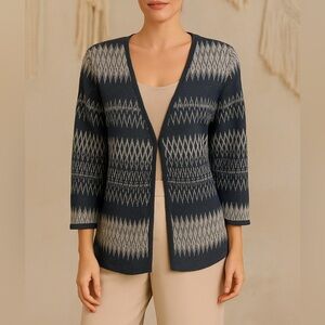 PENDLETON Mya Diamond Argyle Tribal Boho Button Cardigan in Navy Blue Grey Sz. L